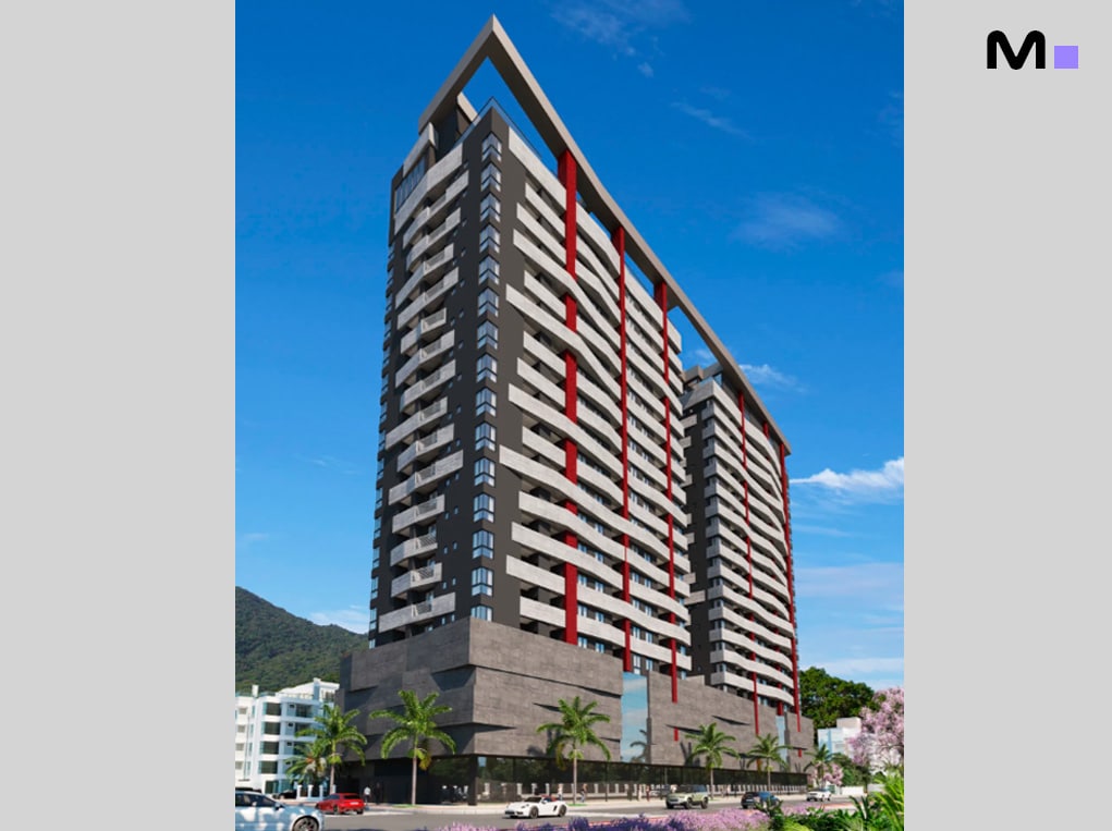 Residência Bayuquan: Edifício moderno com design arrojado e detalhes vermelhos.