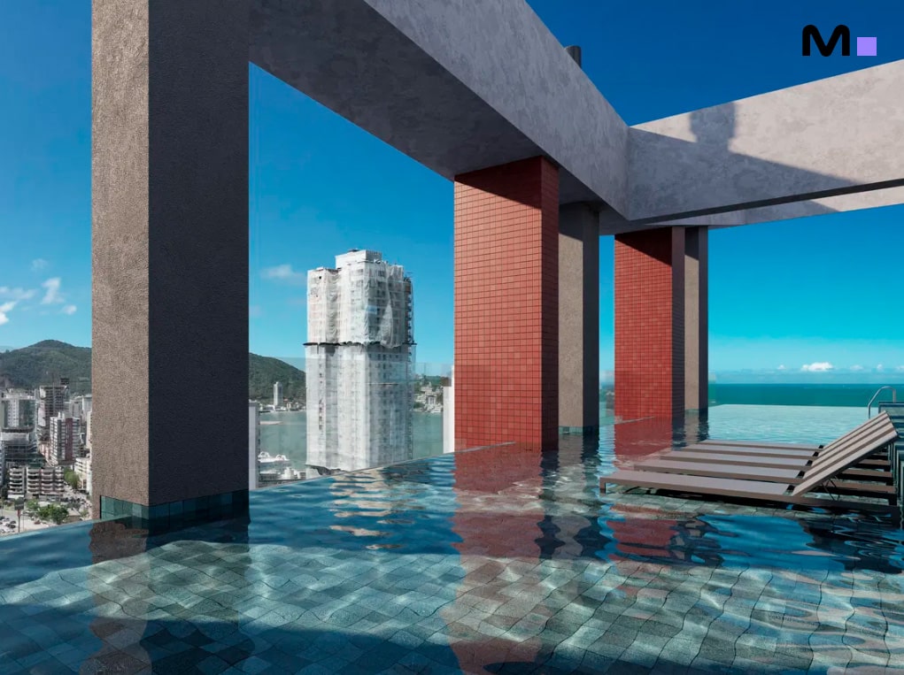 Piscina infinita no Bayuquan Residence com vista para a cidade e o mar.