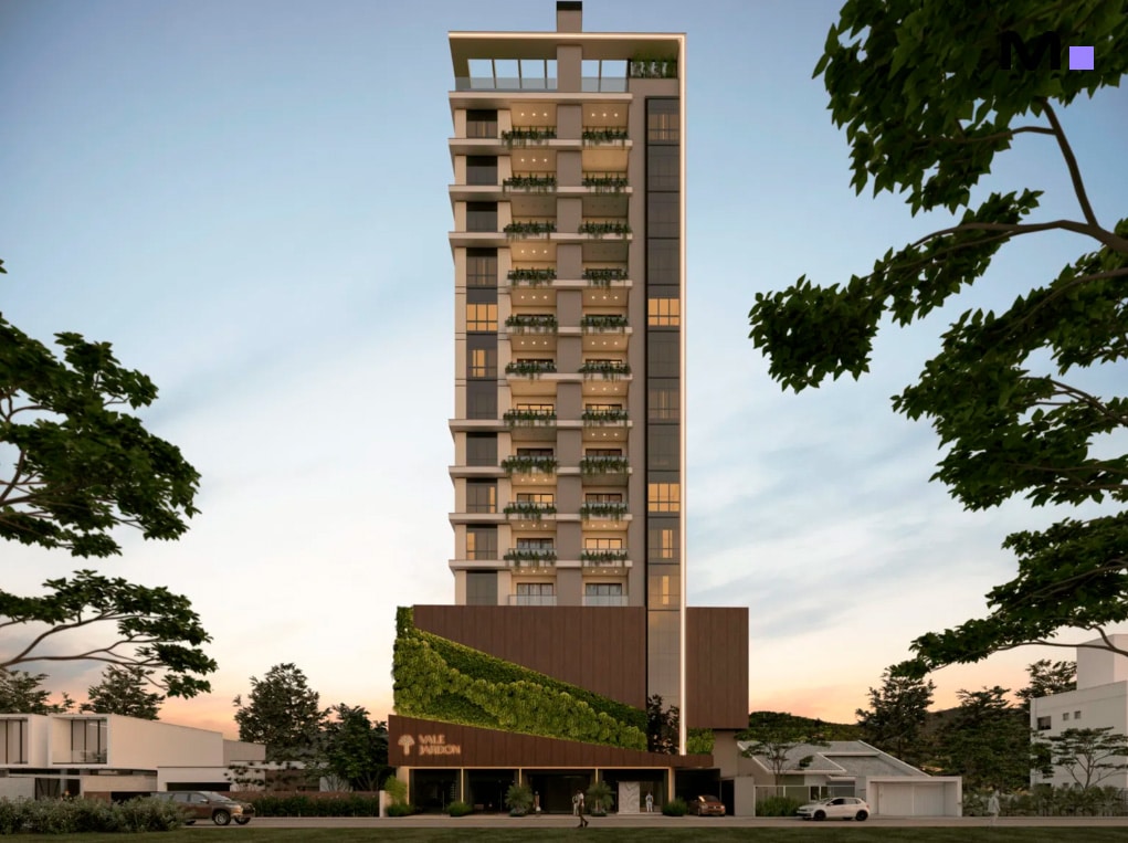 Edifício Vale Jardon Residence com fachada moderna e paisagismo vertical.
