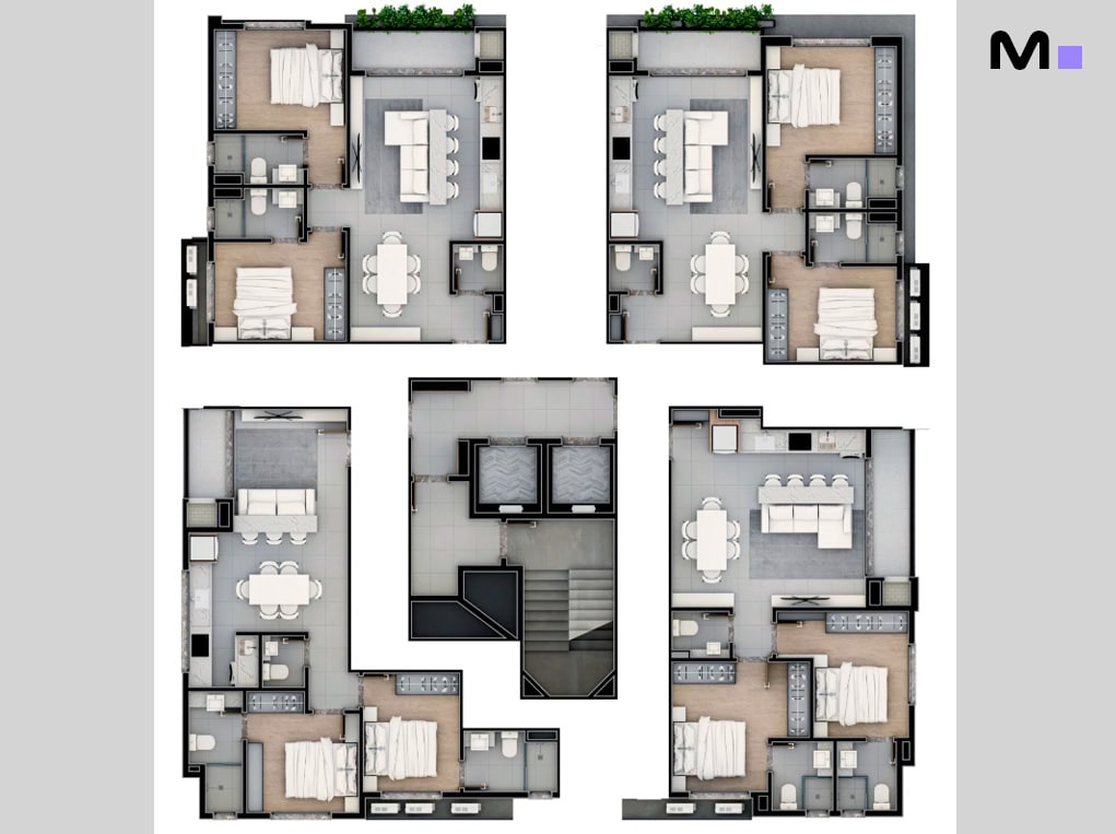 Planta baixa da residência Vale Jardon com layouts de apartamentos. Design de interiores moderno.