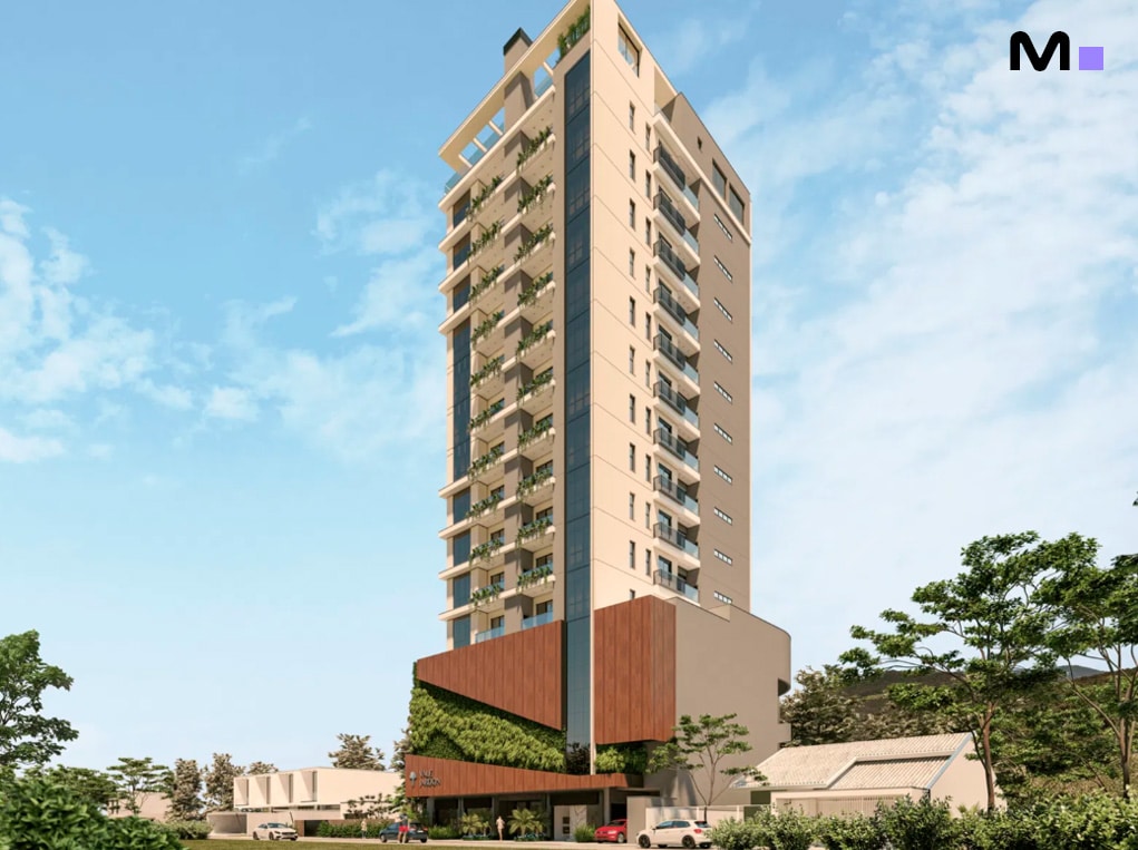 Residência Vale Jardon: Fachada moderna de prédio alto com varandas e detalhes em madeira e vegetação.