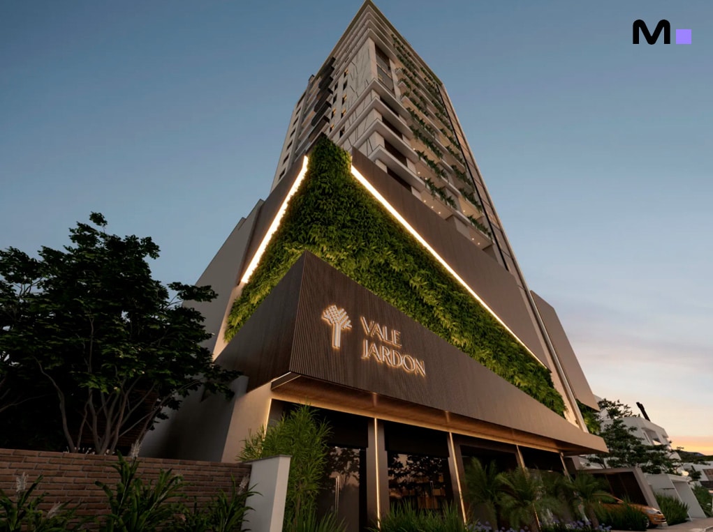 Fachada do Vale Jardon Residence, com design moderno e jardim vertical exuberante.