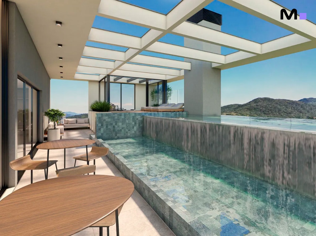 Varanda luxuosa da Residência Vale Jardon com piscina, mesas e vista panorâmica.