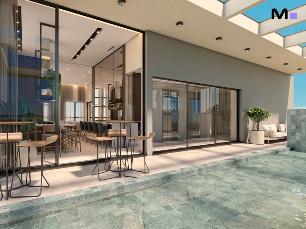 Ambientes integrados e piscina na Vale Jardon Residence, com design moderno e iluminação natural.