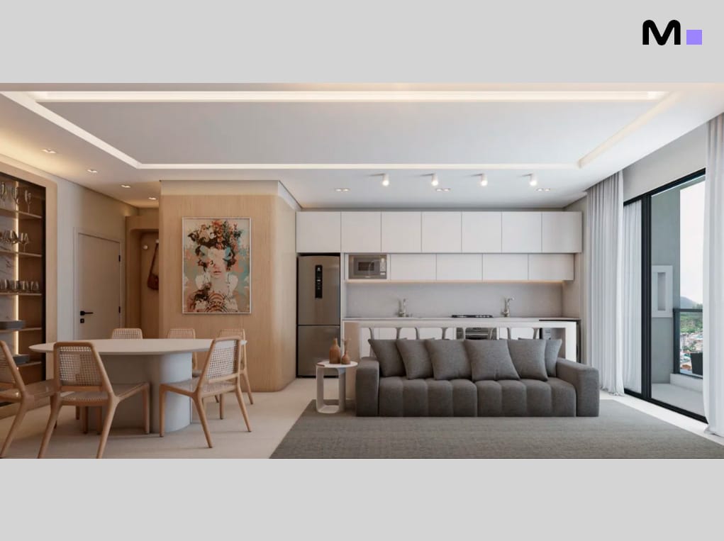 Sala de estar moderna e iluminada da Residência Vale Jardon, com cozinha integrada e sofá cinza.