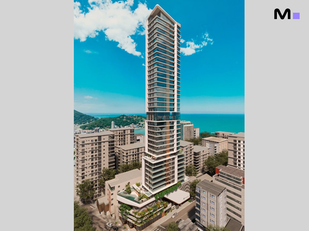 Visualização do Redentor Residencial, um edifício alto e moderno com vista para a cidade e o mar.