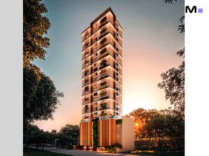 Edifício alto e moderno do Sensui House ao pôr do sol. Arquitetura elegante.