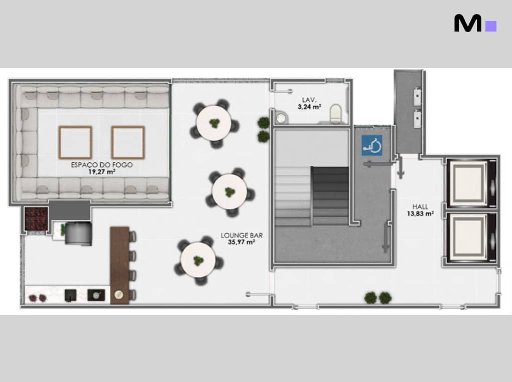 Planta baixa do Grand View Residence: espaço do fogo, lounge bar, lavabo e hall de entrada.