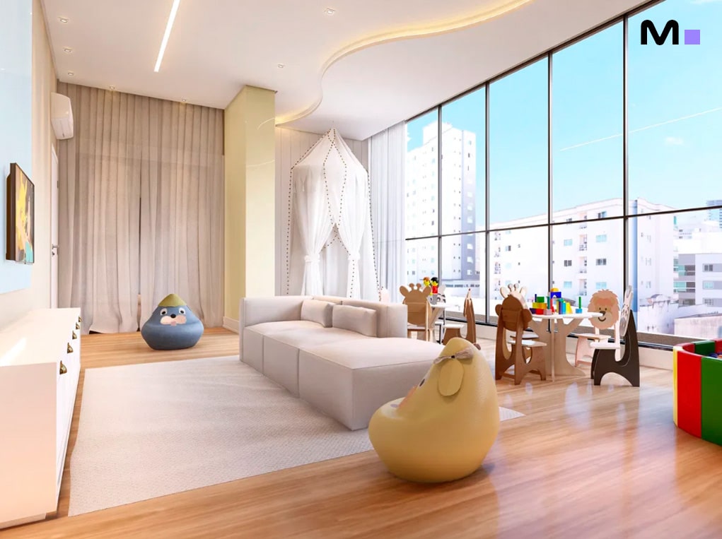 Sala de brinquedos luminosa com mesa infantil e pufes coloridos.