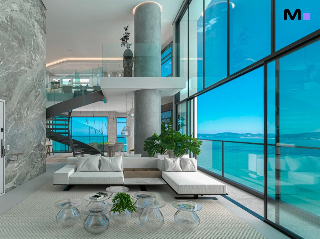 Interior moderno e luxuoso do Redentor Residencial com vista para o mar.