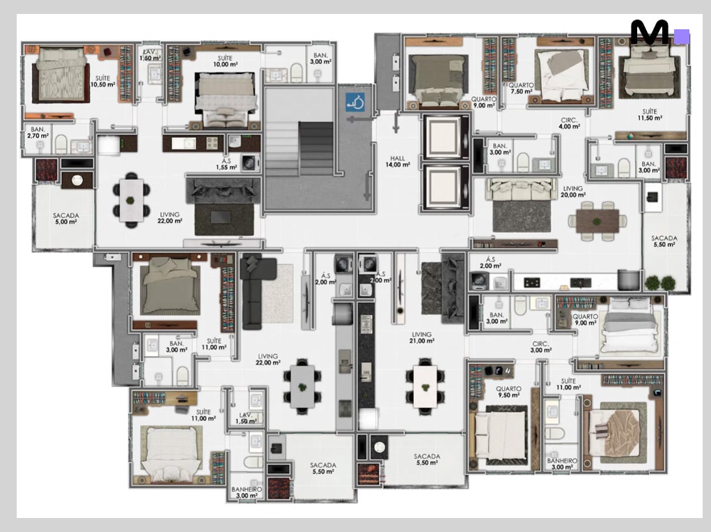 Planta baixa do Grand View Residence com suítes, salas de estar, sacadas e banheiros bem distribuídos.