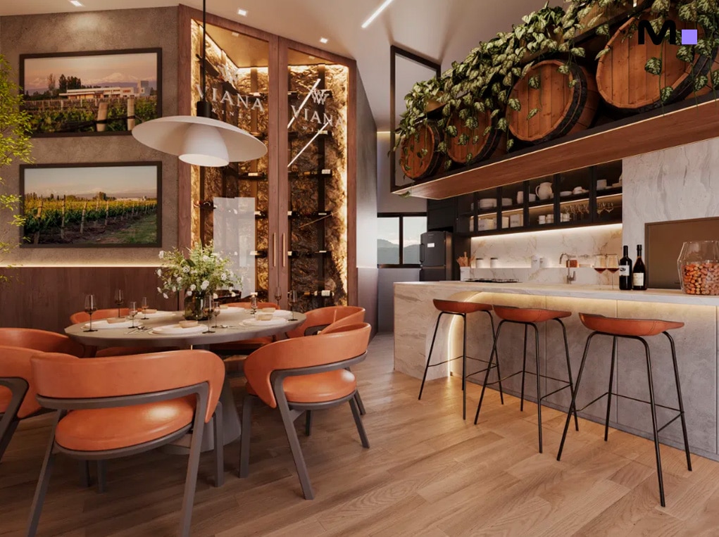 Interior de Piatto Residenziale com bar, mesa de jantar e decoração rústica com barris de vinho.