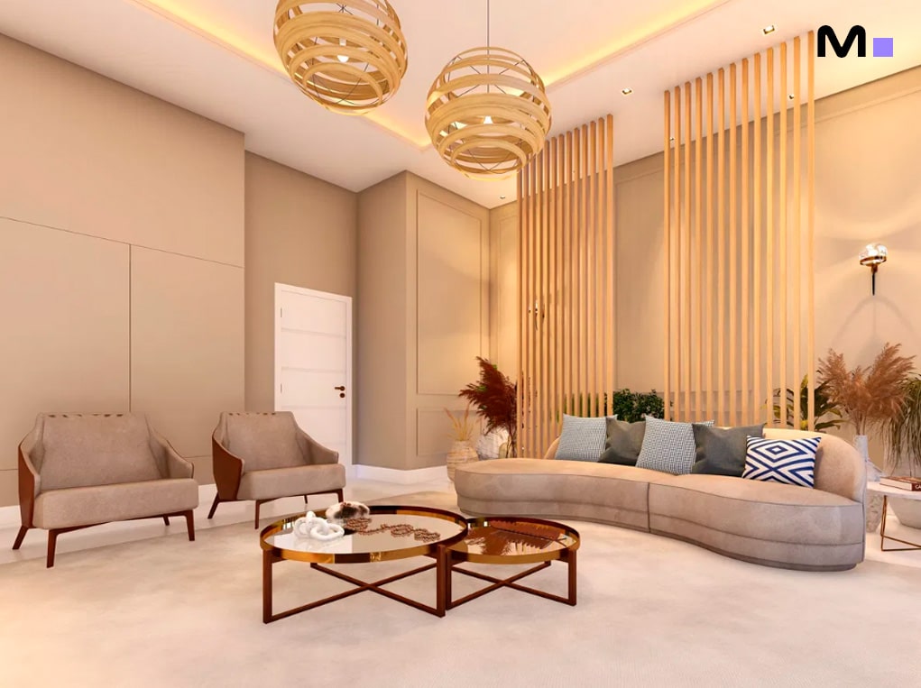 Sala de estar elegante com sofá curvo, divisórias de madeira e luminárias pendentes. Design de interiores moderno.