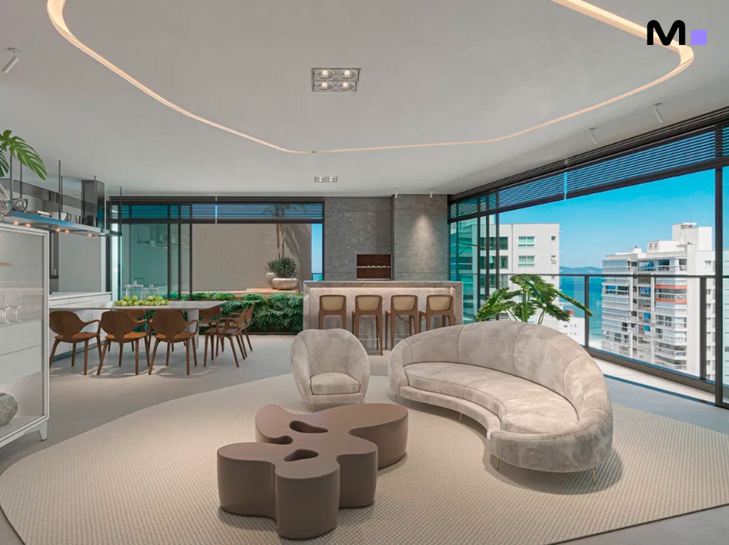 Sala de estar moderna e luxuosa com vista para o mar no Redentor Residencial.
