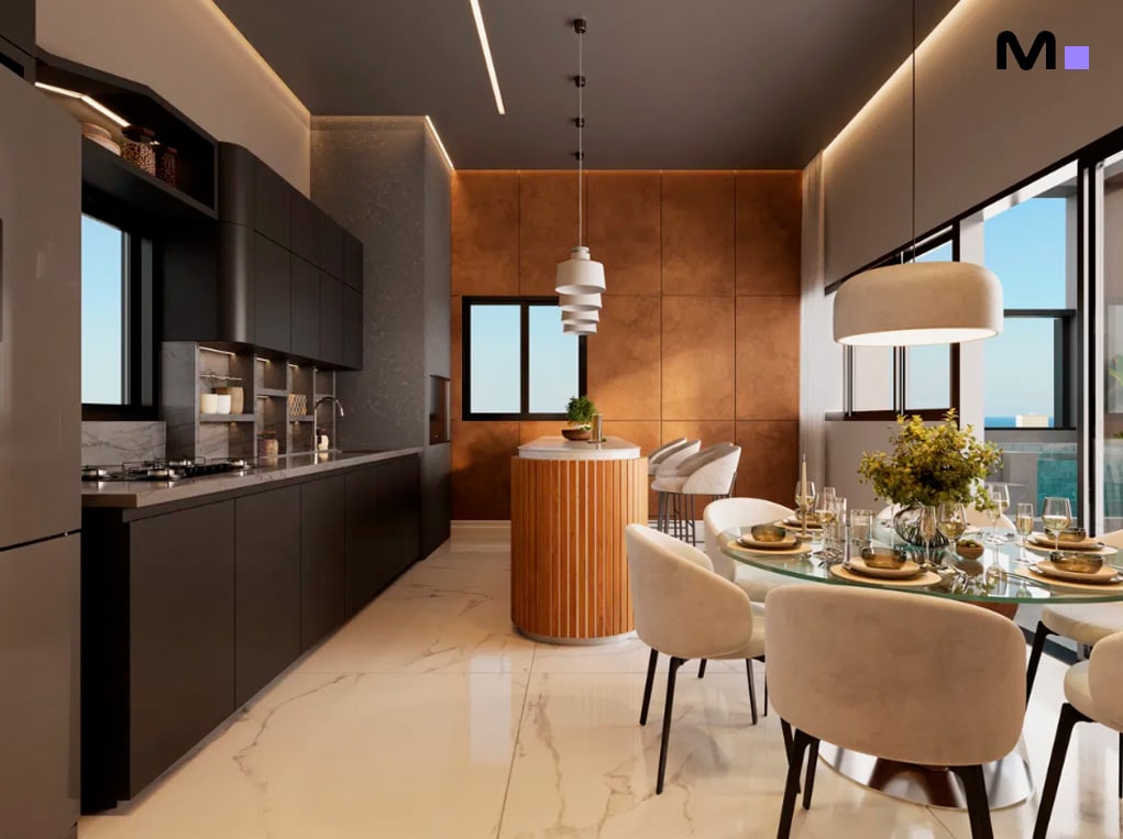 Cozinha moderna com ilha central, mesa de jantar redonda e armários escuros. Design de interiores Piatto Residenziale.