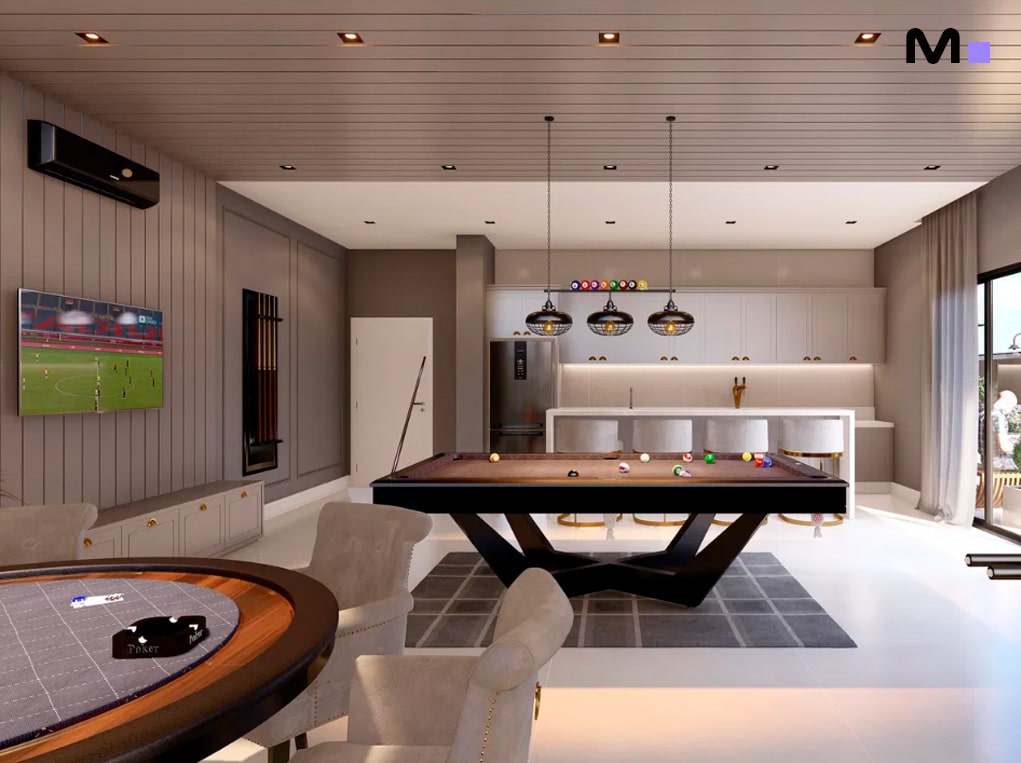 Sala de jogos moderna com mesa de bilhar, bar e TV transmitindo partida de futebol. Design Edir Russi Dellagnelo.