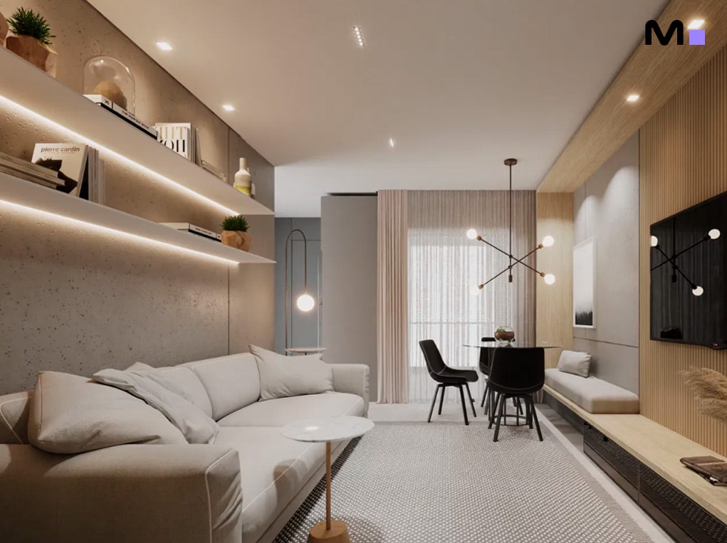 Sala de estar moderna e iluminada no Redentor Residencial. Sofá confortável, estantes flutuantes e mesa de jantar elegante.
