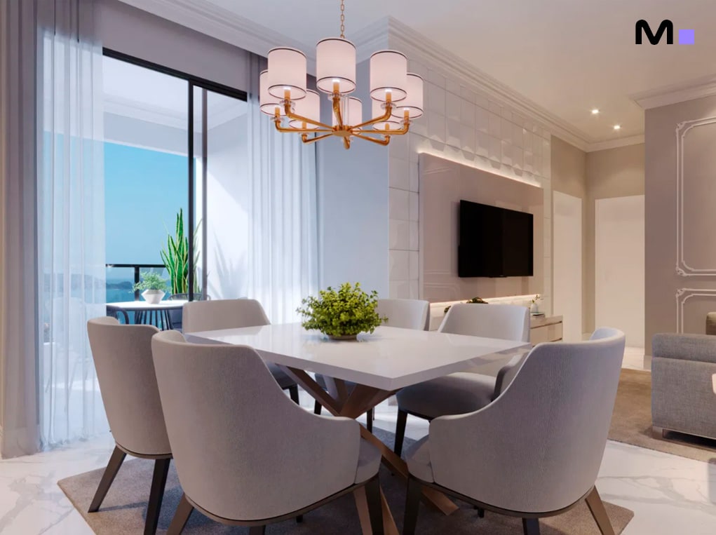 Sala de jantar moderna com mesa branca, cadeiras cinzas e lustre elegante. Piatto Residenziale.