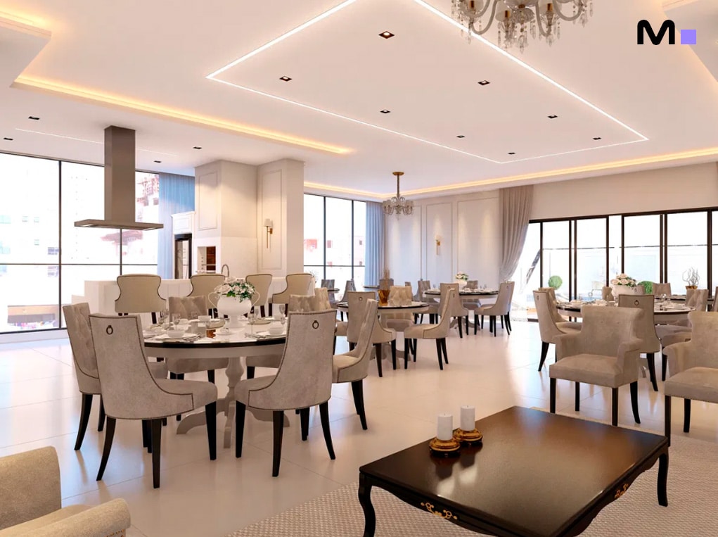 Interior elegante com mesas de jantar e lustres sofisticados. Edir Russi Dellagnelo.