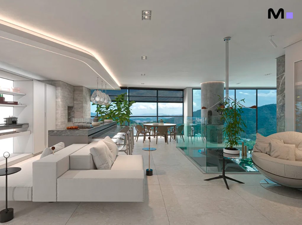 Interior moderno e luxuoso do Redentor Residencial com sala de estar ampla e vista panorâmica.