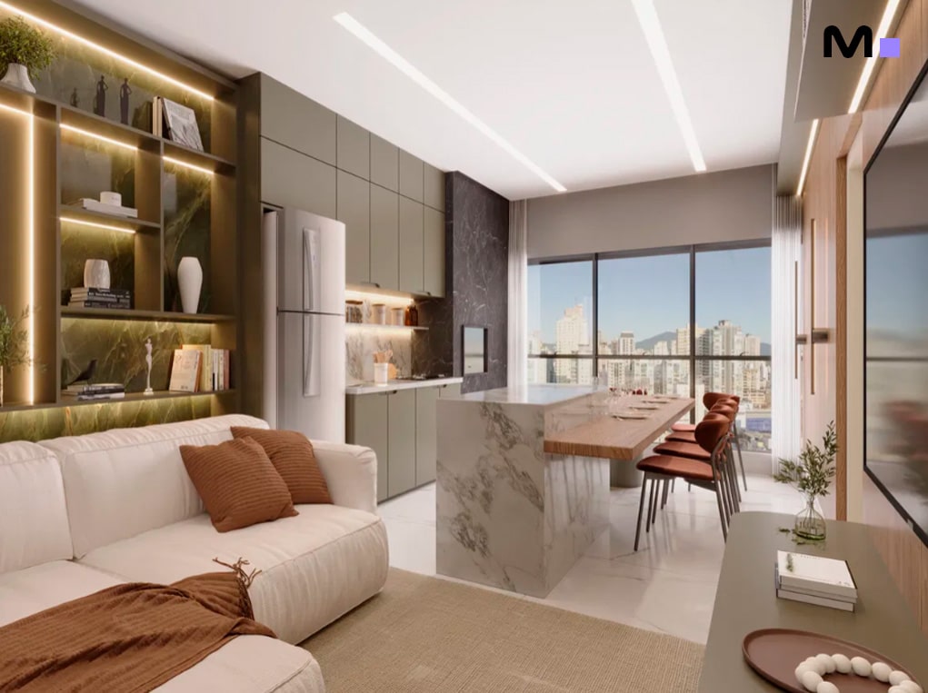 Sala de estar moderna e cozinha integrada no Piatto Residenziale, com vista da cidade.