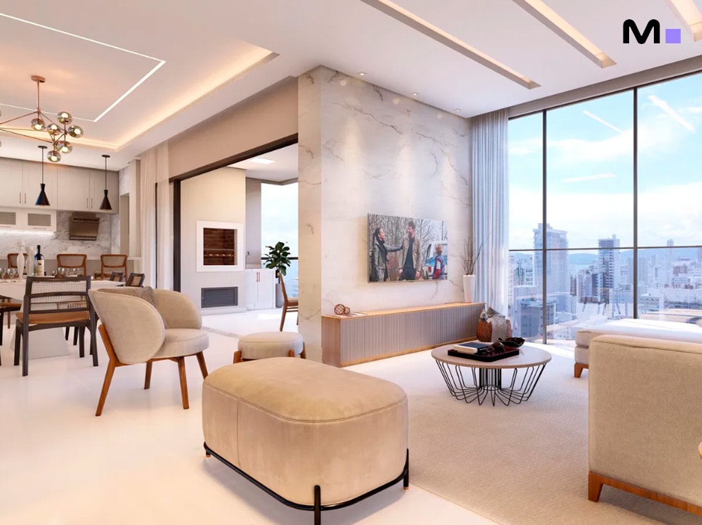 Sala de estar moderna e iluminada com vista para a cidade. Design de interiores Edir Russi Dellagnelo.