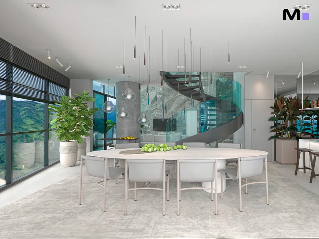 Interior moderno e amplo com mesa de jantar oval e escada espiral. Redentor Residencial.