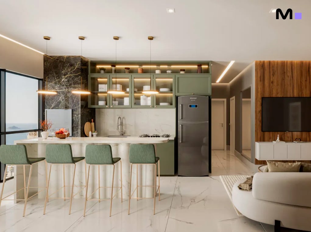 Cozinha moderna e elegante no Piatto Residenziale, com ilha, armários verdes e vista para o mar.