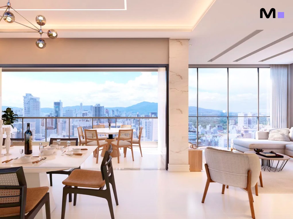 Sala de jantar e estar moderna com vista panorâmica da cidade.