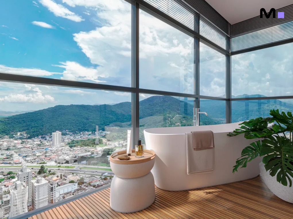 Banheira moderna com vista da cidade no Redentor Residencial. Decoração elegante e relaxante.