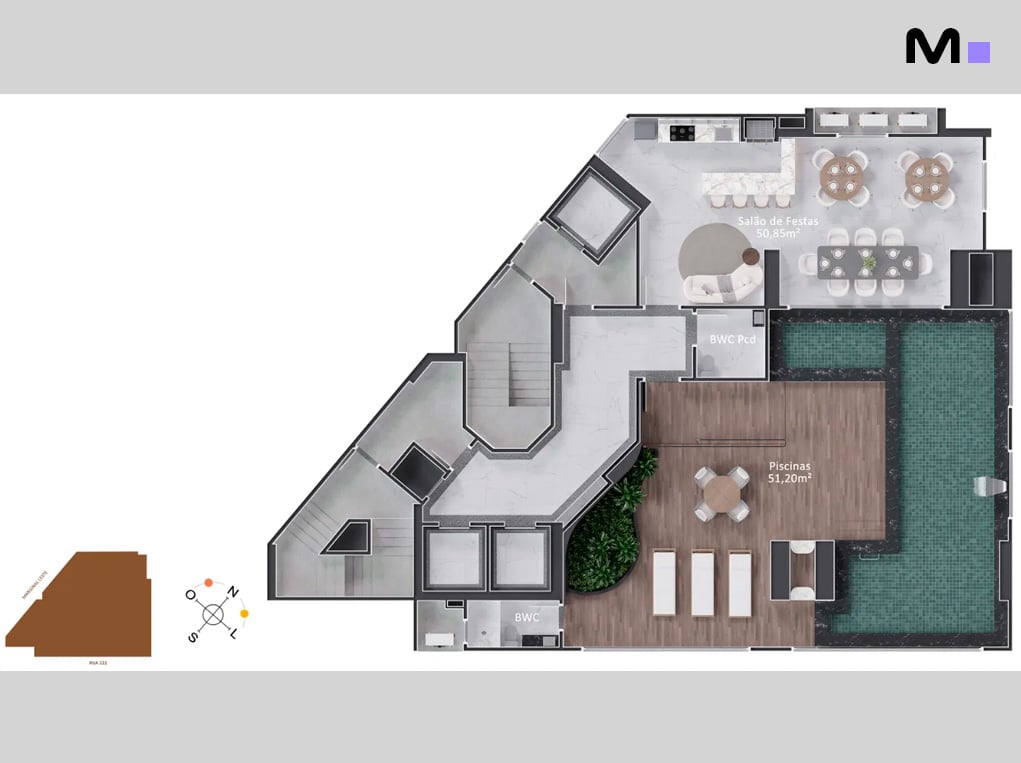 Planta baixa do Piatto Residenziale: salão de festas (50,85m²) e piscinas (51,20m²).