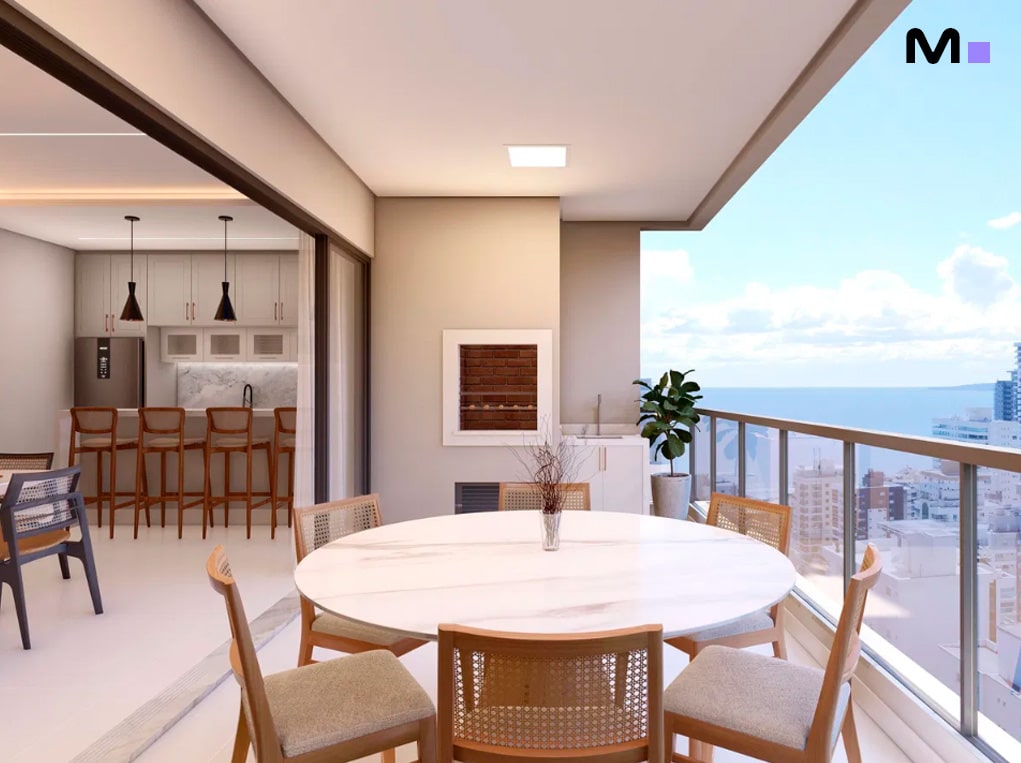 Varanda gourmet moderna com mesa redonda e churrasqueira. Edir Russi Dellagnelo.