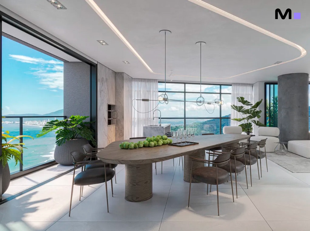 Sala de jantar moderna e iluminada com vista para o mar no Redentor Residencial.