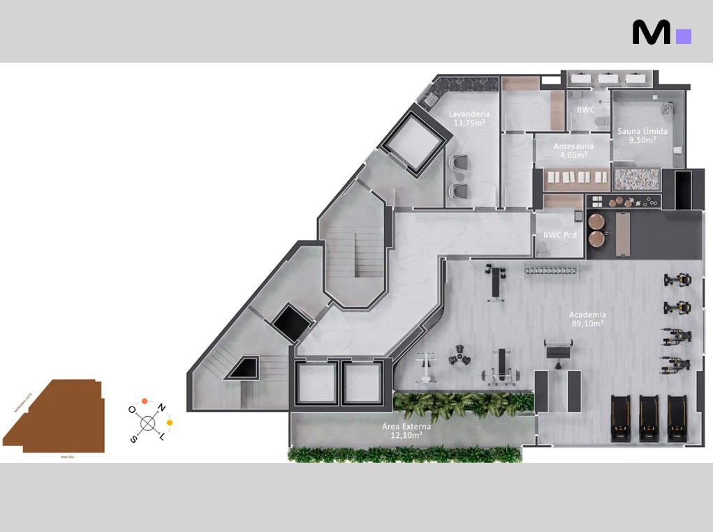 Planta baixa do Piatto Residenziale com academia, sauna, lavanderia e área externa.