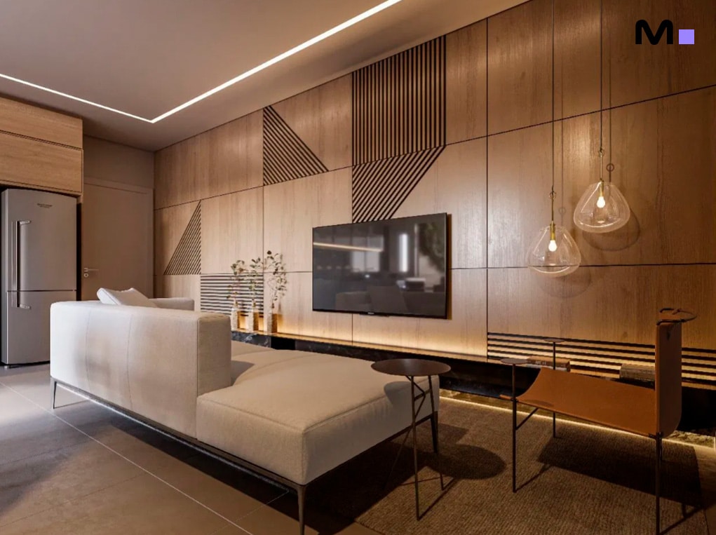 Sala moderna com sofá branco, painel de madeira e iluminação indireta. Design Edir Russi Dellagnelo.