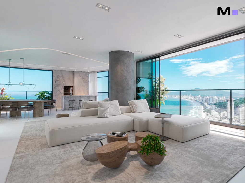 Sala de estar moderna e luminosa com vista para o mar. Redentor Residencial.