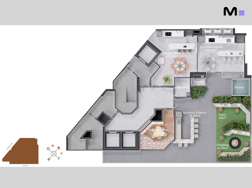 Planta baixa do Piatto Residenziale: gourmet interno e externo, espaço wine, piscina e lareira.