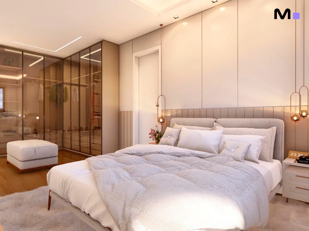 Quarto moderno com cama aconchegante, closet elegante e iluminação suave.