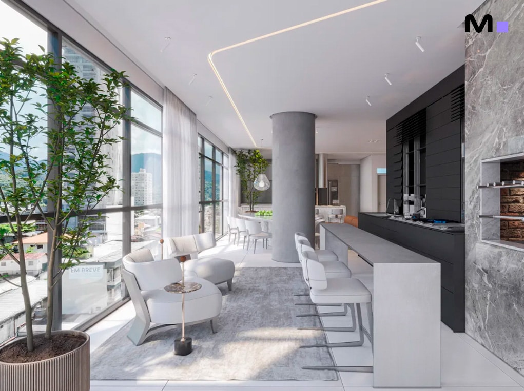 Interior moderno e iluminado do Redentor Residencial, com vista panorâmica e design elegante.