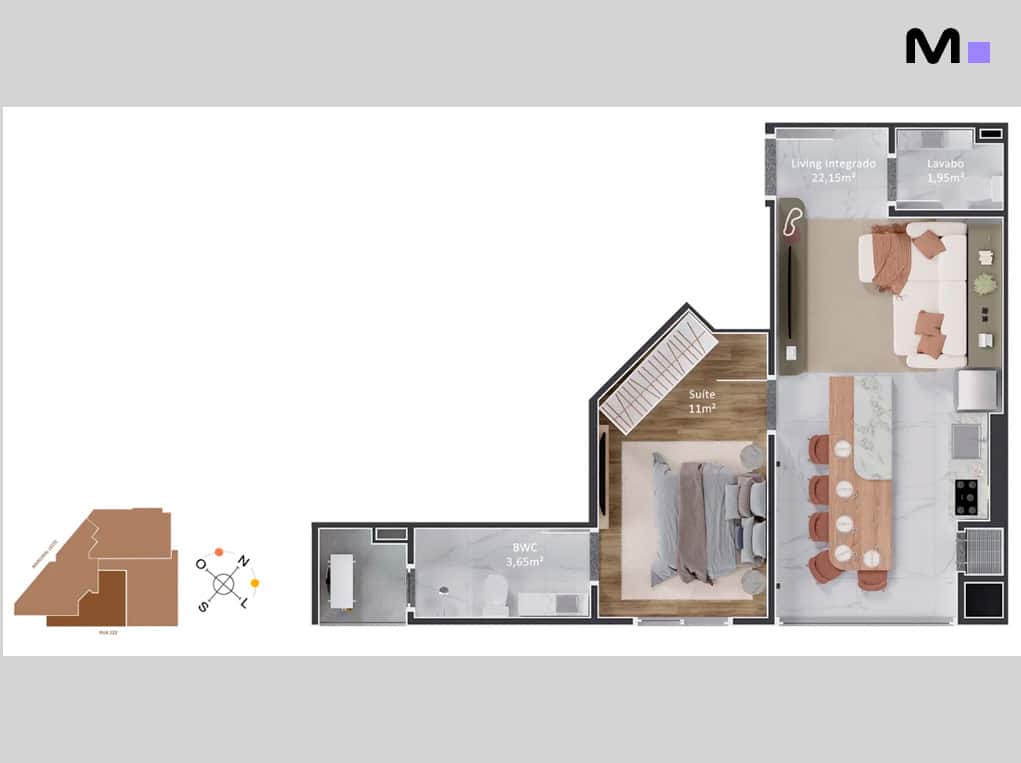 Planta baixa do Piatto Residenziale com layout de suíte, living integrado e lavabo.