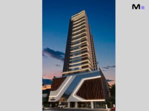 Vista externa do Salem Flats, edifício moderno e iluminado ao anoitecer.