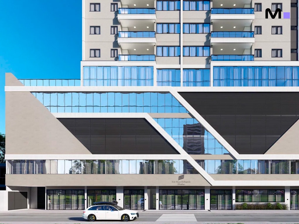 Edifício moderno Edir Russi Dellagnelo com fachada de vidro e detalhes arquitetônicos únicos.