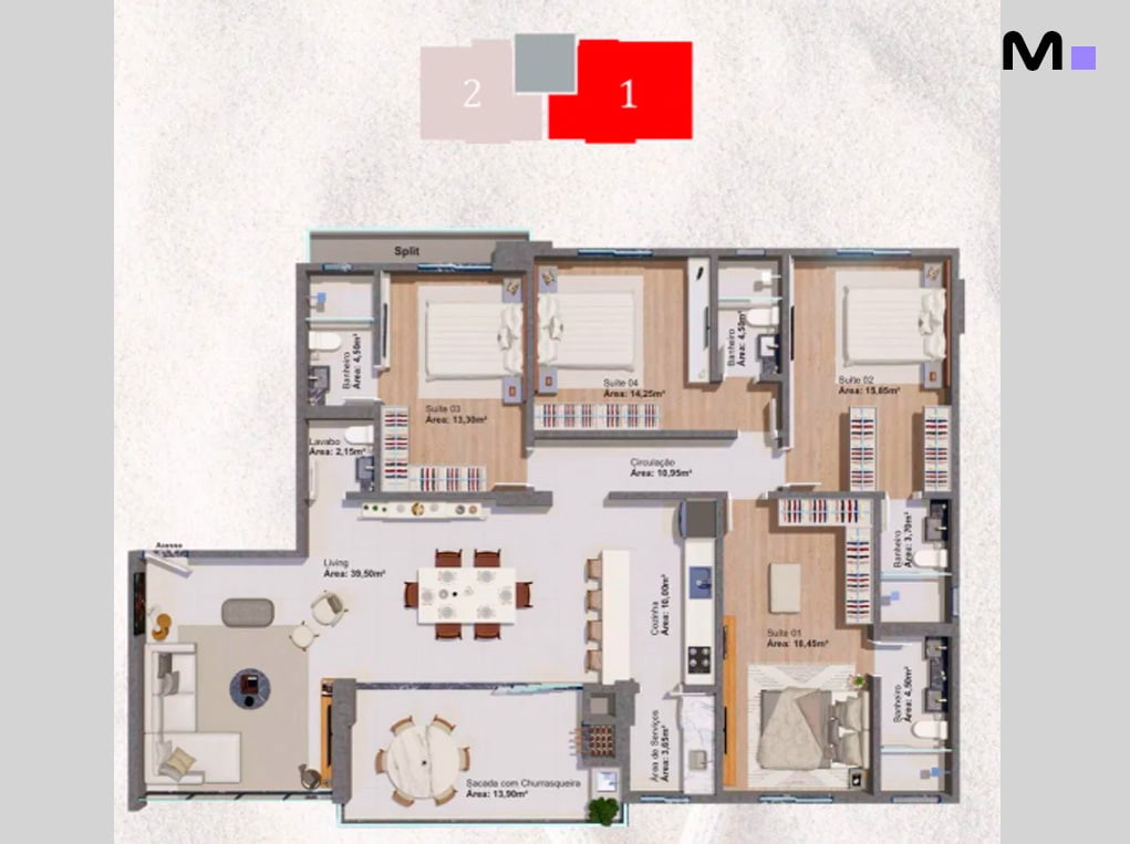 Planta baixa de apartamento Edir Russi Dellagnelo com 3 suítes, sala de estar, cozinha e sacada com churrasqueira.