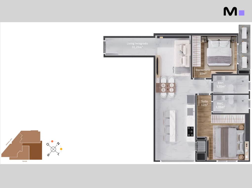 Planta do apartamento Piatto Residenziale: living integrado, dormitório, suíte e BWC.