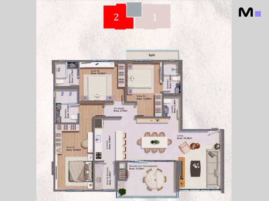 Planta baixa de apartamento com 3 suítes, sala de estar, sacada com churrasqueira e cozinha.