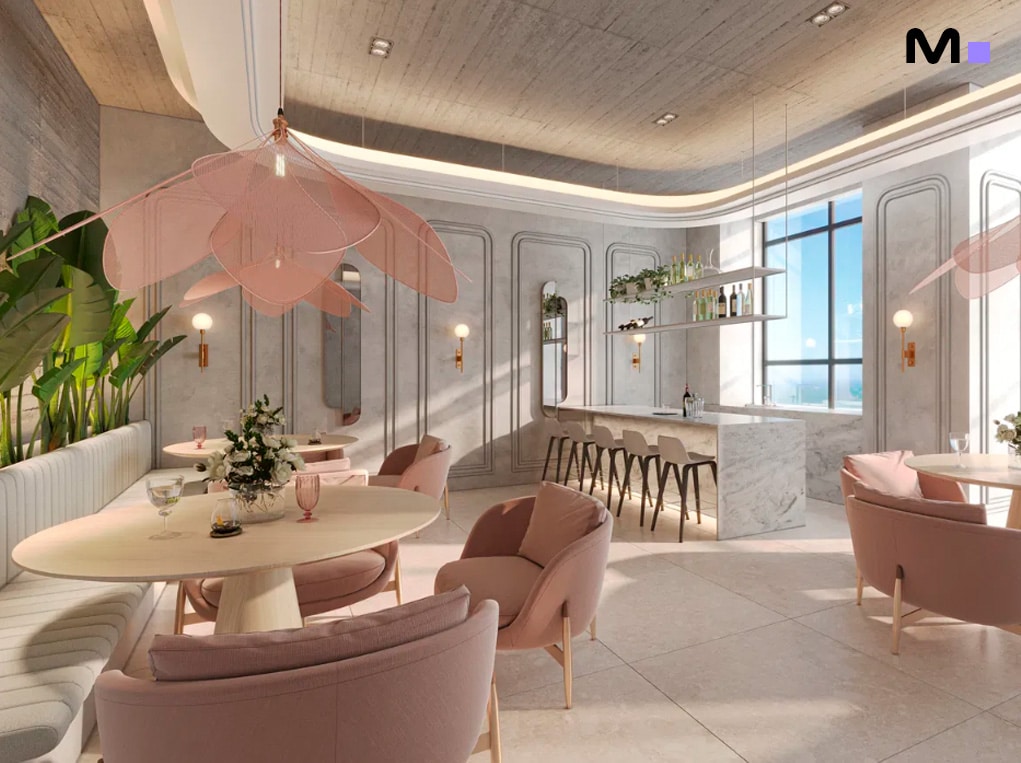 Interior elegante do Redentor Residencial com cadeiras rosa, iluminação suave e vista ampla.