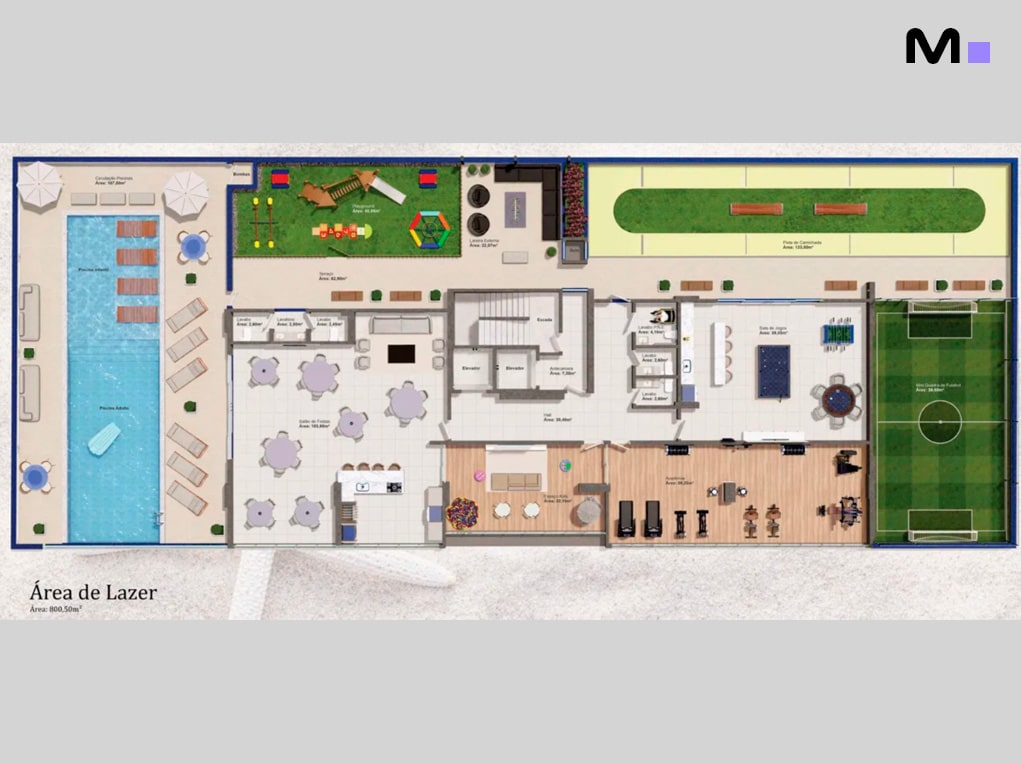 Planta baixa da área de lazer do Edir Russi Dellagnelo, com piscina, playground, academia e quadra.
