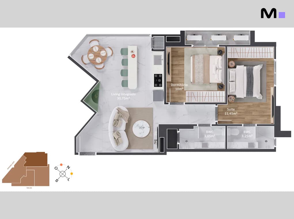 Planta baixa do Piatto Residenziale: living integrado, dormitório e suíte. Detalhes de medidas e layout.