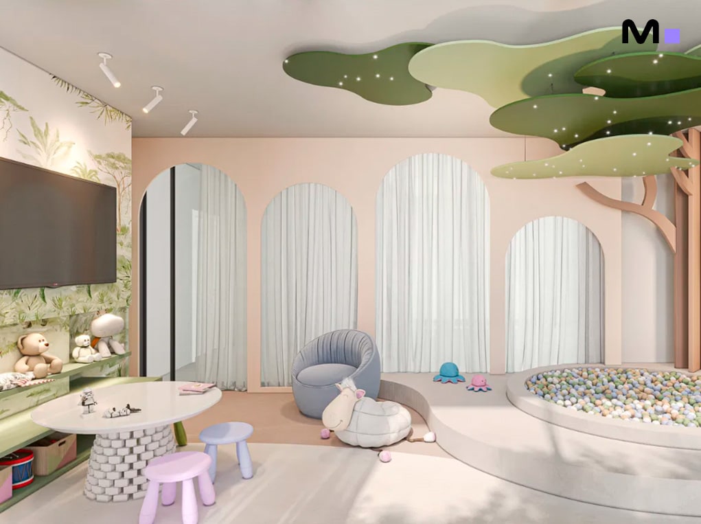 Quarto infantil lúdico com área de brincar e decoração temática suave.