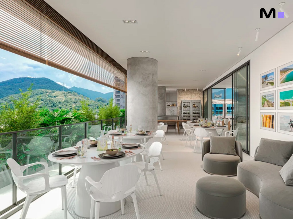 Interior moderno e elegante do Redentor Residencial com vista para montanhas verdes.